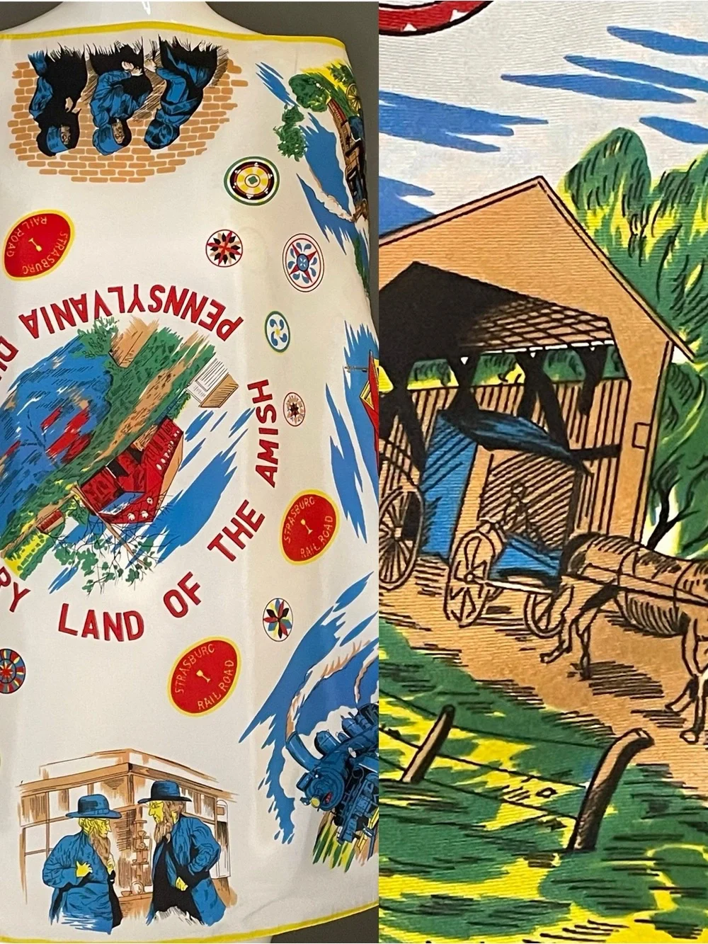 Vintage 60s Amish Pennsylvania Theme Scarf 30 In Sq Excellent Condition